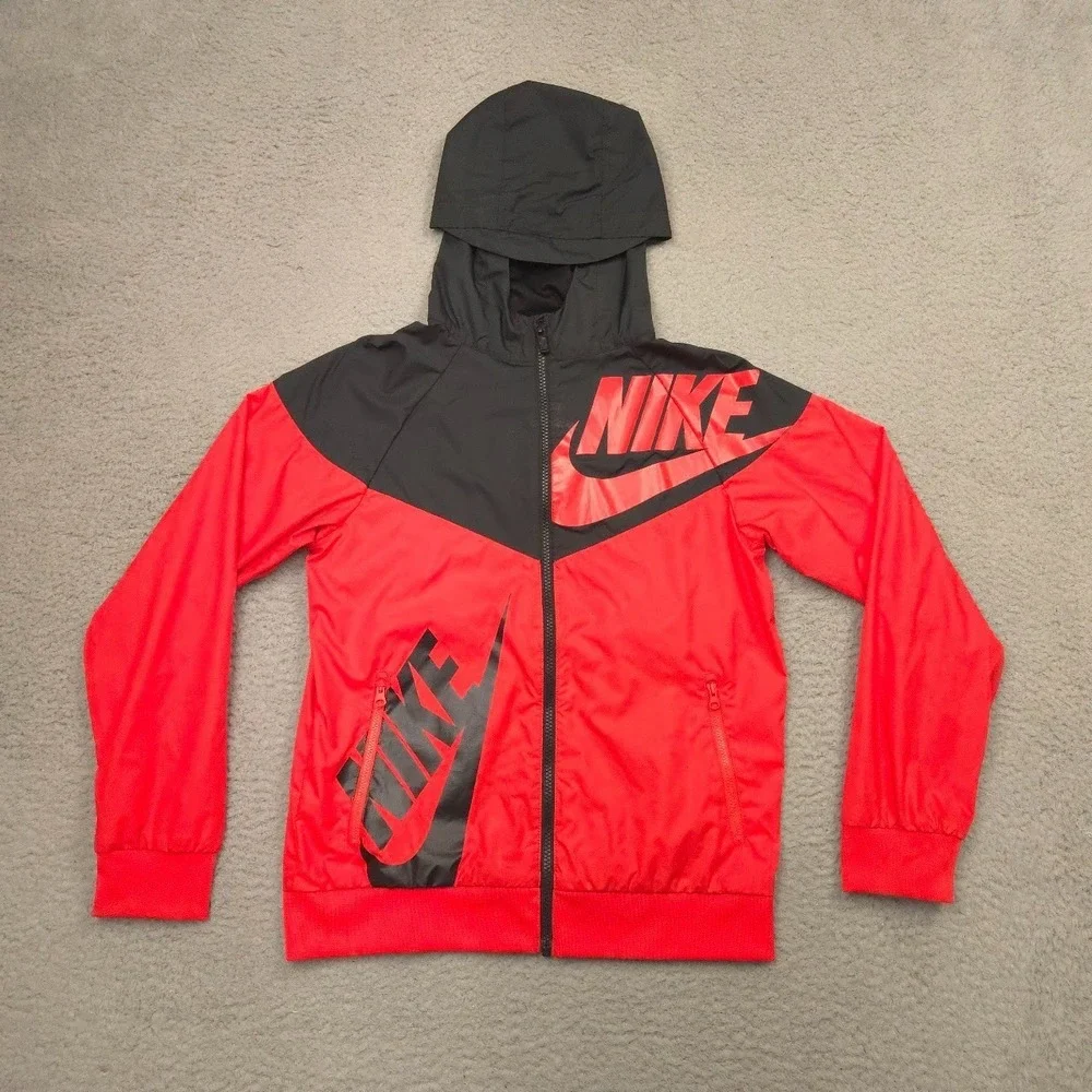 Nike Full Zip Hooded Jacket Boys Youth L Red Black Colorblock Windbreaker